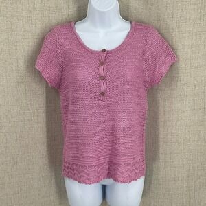 Lauren Conrad Knit‎ Top Womens S Pink Henley Pointelle Lace Bohemian Cottagecore